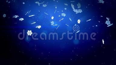 装饰的3d雪花在蓝色<strong>背景</strong>上的夜晚漂浮在空中。 用作圣诞动画、<strong>新年贺卡</strong>或